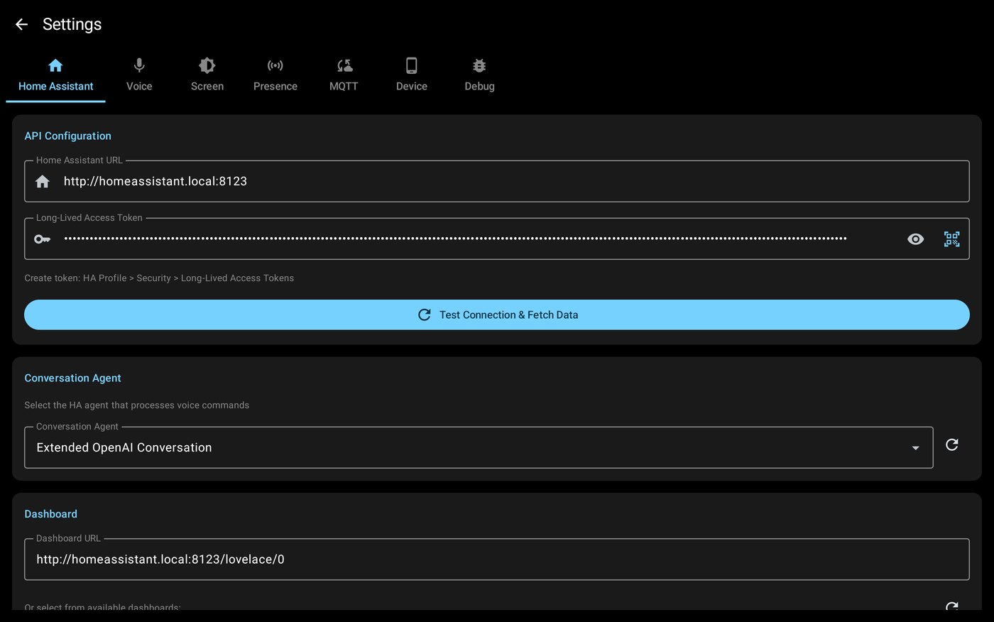 The DashVoice settings screen with Home Assistant, Voice, Screen, Presence, MQTT, Device and Debug tabs