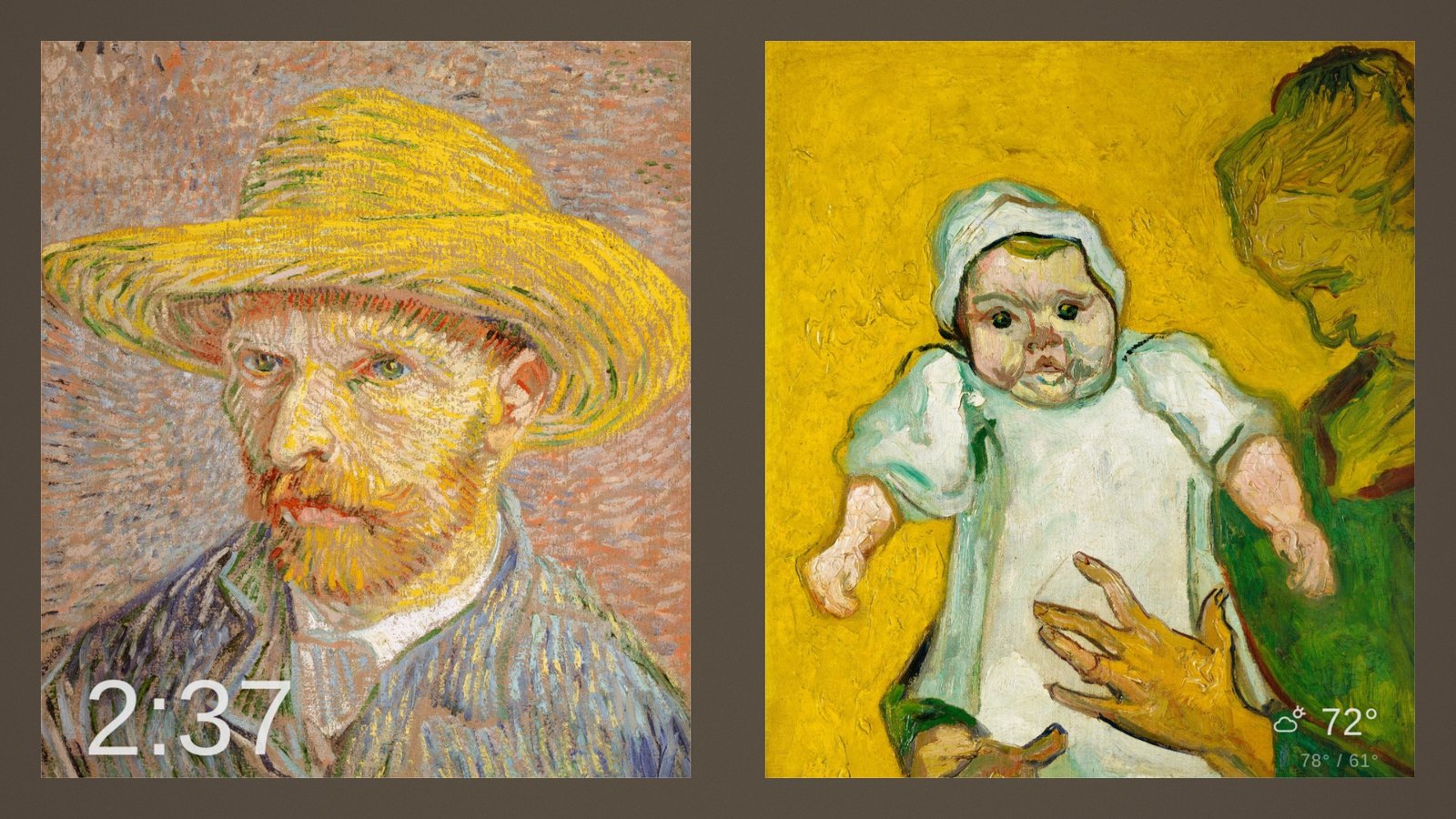 A scored diptych: two portraits hung side by side sharing a single mat
