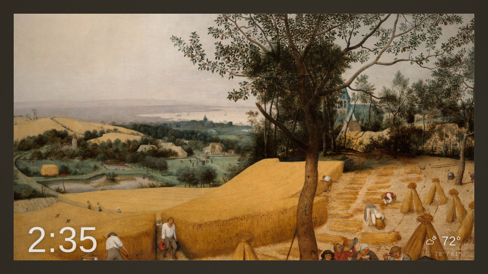 rustFrame showing a landscape painting inside a palette-derived mat, with a clock and weather in the corners