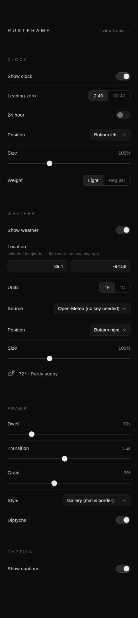 The rustFrame settings page on a phone-width screen