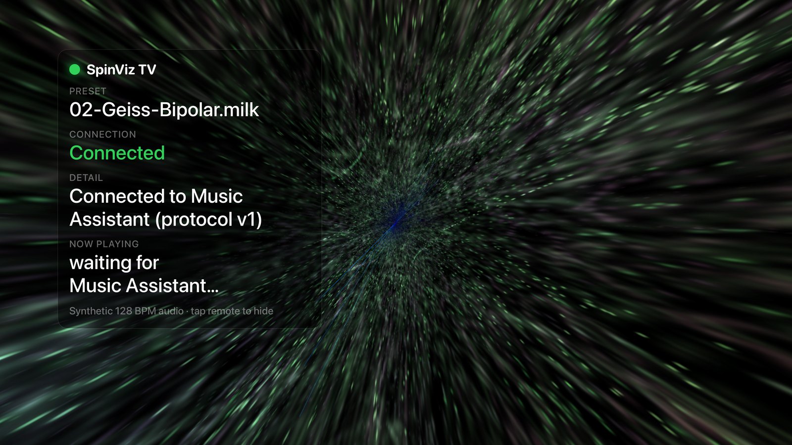 An auto-cycled MilkDrop preset on Apple TV