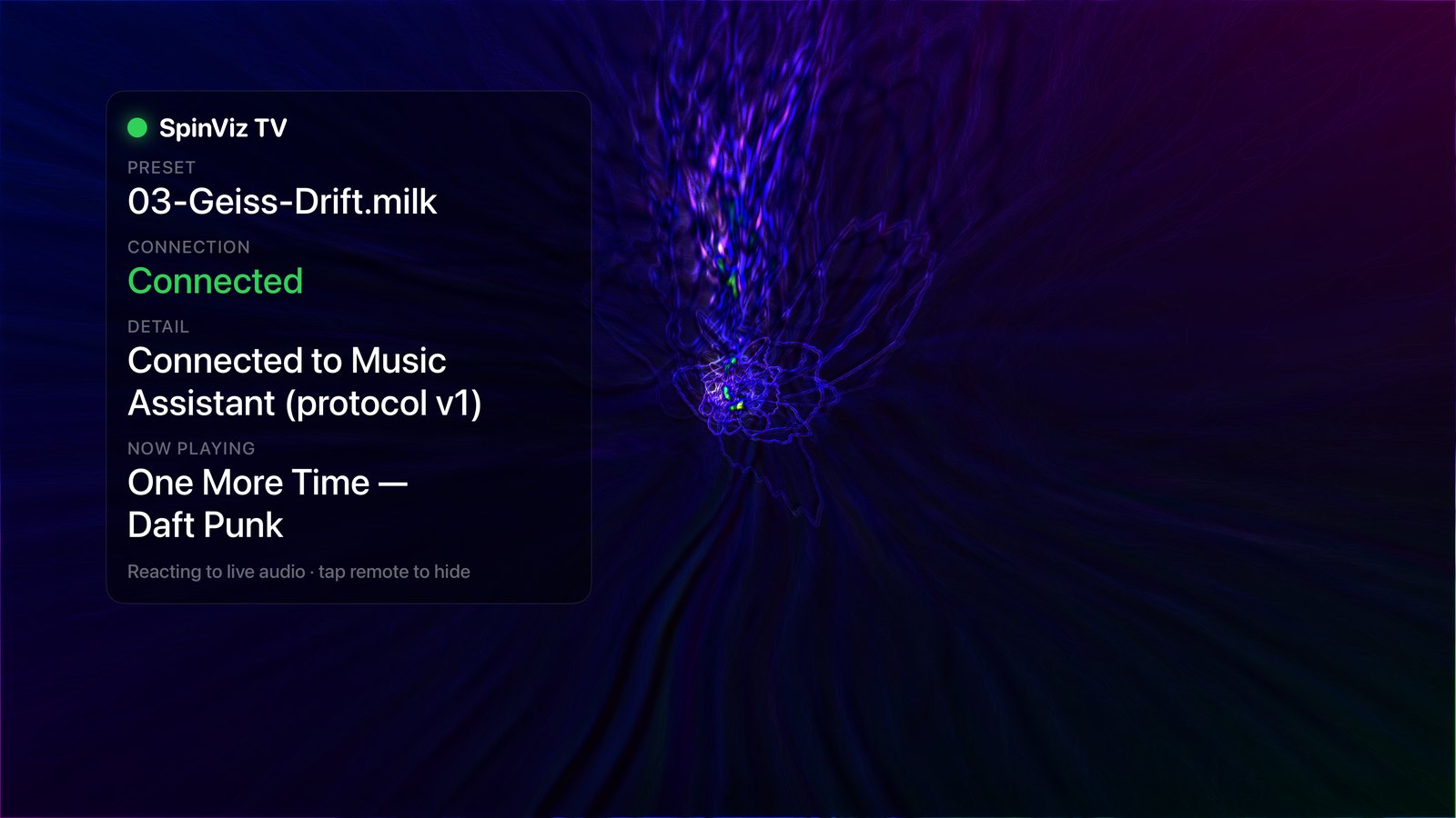 SpinViz reacting to live music with the now-playing panel showing track and connection details