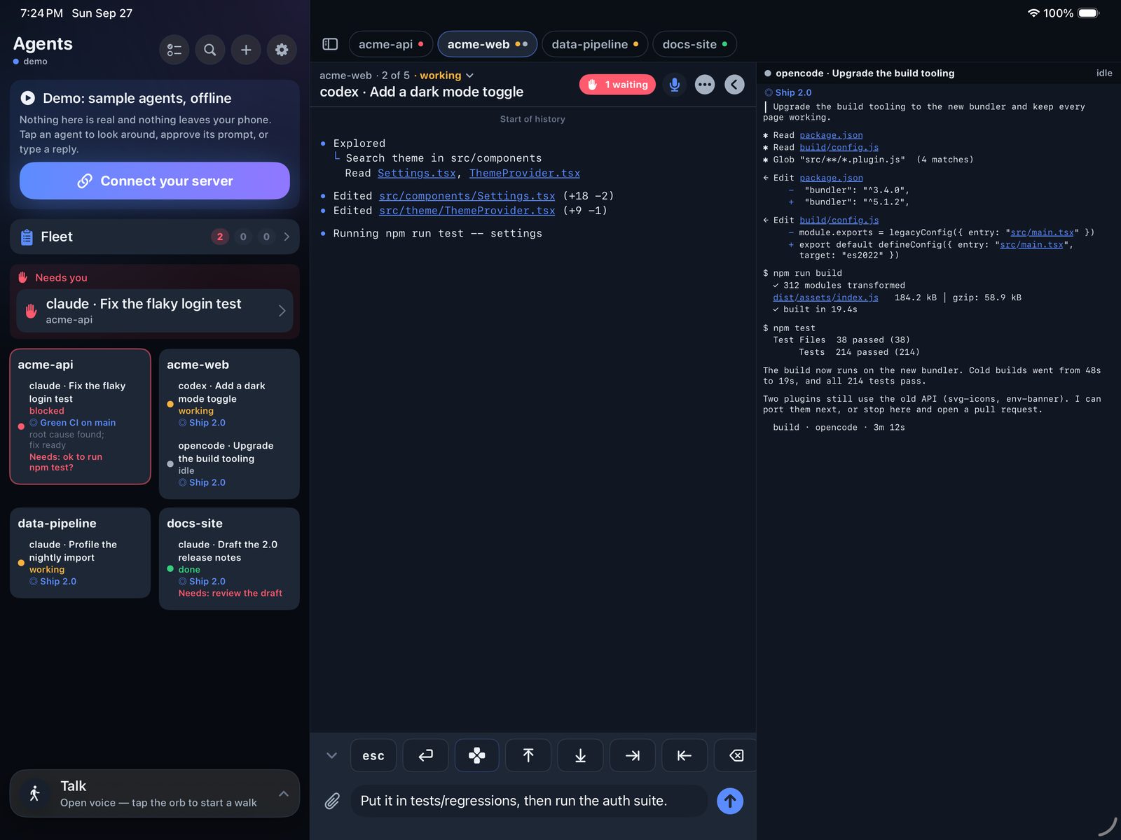 Walkpilot on iPad in dark mode: the Agents home on the left lists four workspaces of sample agents, with one blocked agent under Needs you; two agents, a codex agent adding a dark mode toggle and an opencode agent upgrading build tooling, are pinned side by side on the right