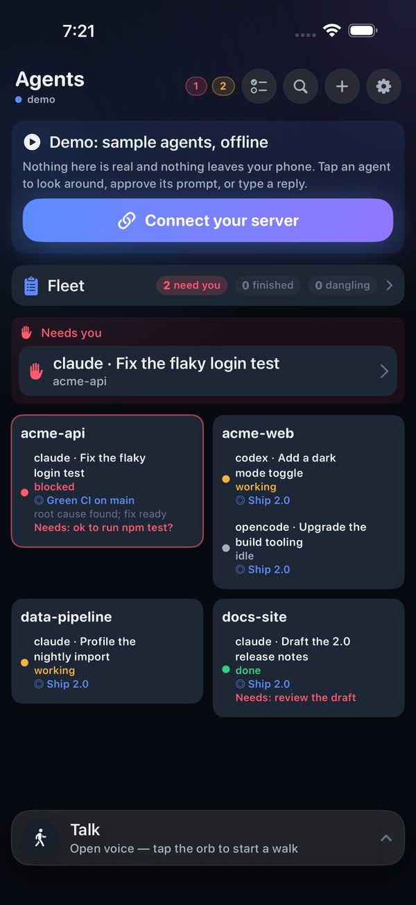 Walkpilot Agents home on iPhone: a Needs you row for a blocked claude agent, then workspace cards acme-api, acme-web, data-pipeline and docs-site with each agent's state