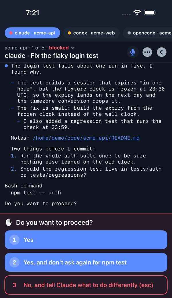 An agent's conversation in the Walkpilot reader, ending in a permission prompt with three large answer buttons: Yes; Yes, and don't ask again; No, and tell the agent what to do differently