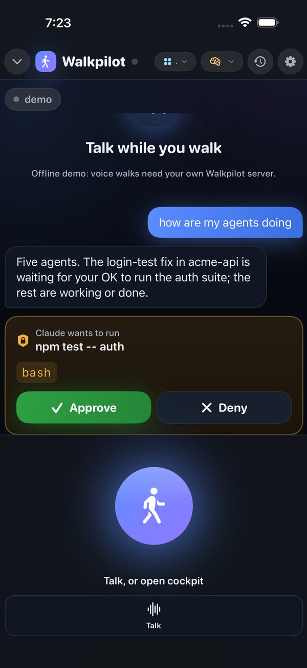 Walk mode on iPhone: a spoken summary of five agents, an approval card for the command npm test with Approve and Deny buttons, and the walk orb